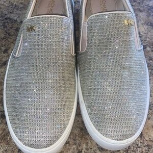 Michael Kors Silver Glitter Slip-On Flats Women's Textile Rubber Size 7.5